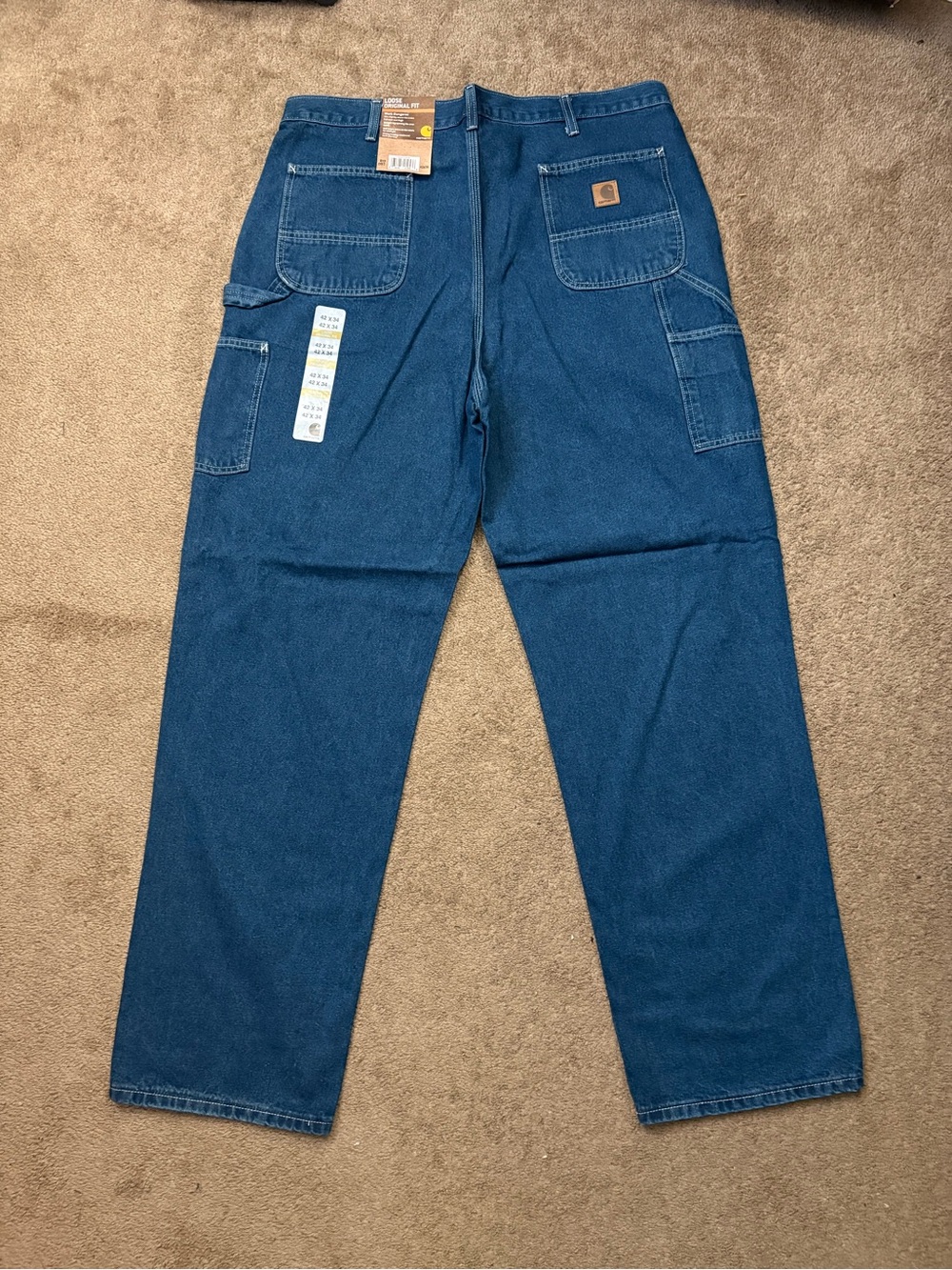 Carhartt Dungaree Original Fit Jean 42X34 Blue Denim B13-DST Carpenter Wide Leg